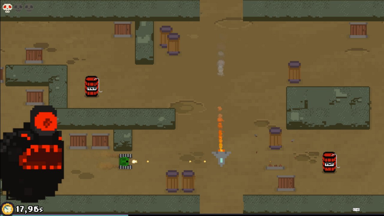 [26/10/2022] Ein typischer Bosskampf: Um das schwarze Pixelmonster auszuschalten, schießen wir mit dem Panzer aus dem Ballerspiel Combat auf TNT-Fässer, damit diese im richtigen Moment explodieren.&nbsp;
