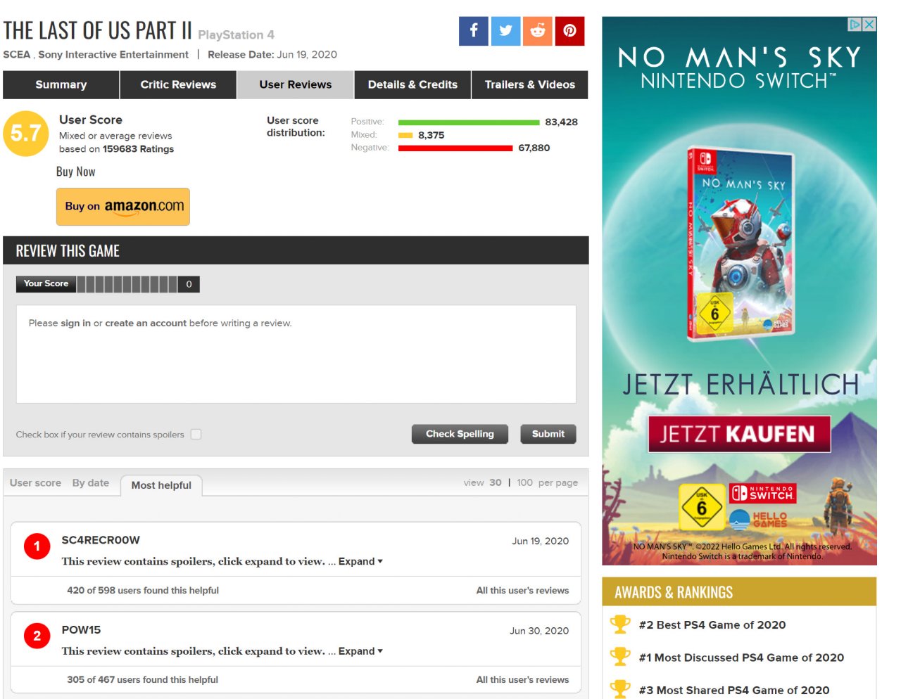 [14/10/2022] The Last of Us Part 2 wurde kurz nach dem Launch Opfer von Review Bombing. Während sich die Fachpresse vor Lob überschlug, hagelte es von der Community niedrige Wertungen.&nbsp;