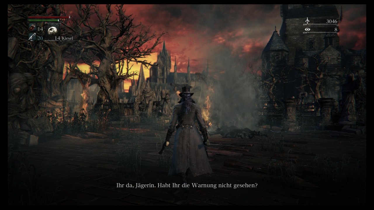 [04/11/2022] Nicht nur die Alt-Yharnam, sondern auch der Himmel scheint zu brennen. Rot ist eine der wenigen präsenten Farben im Spiel.