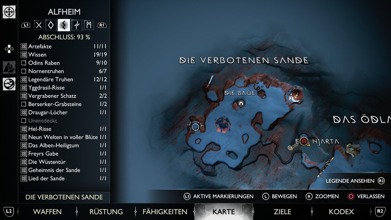 [09/11/2022] Die zweite Statue findet ihr ganz im Westen der Verbotenen Sande in Alfheim. (siehe Cursor, nicht das Kratos-Symbol!)