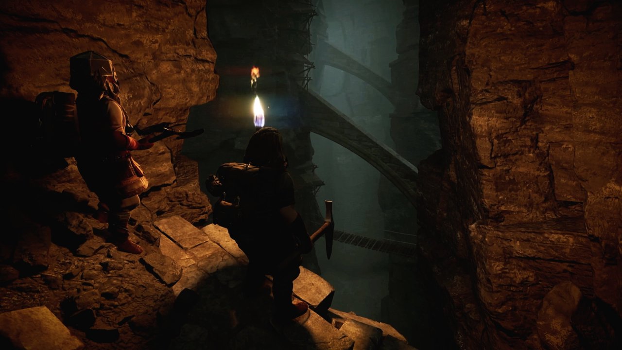 Zwei Zwerge starren in die dunkle Mine.