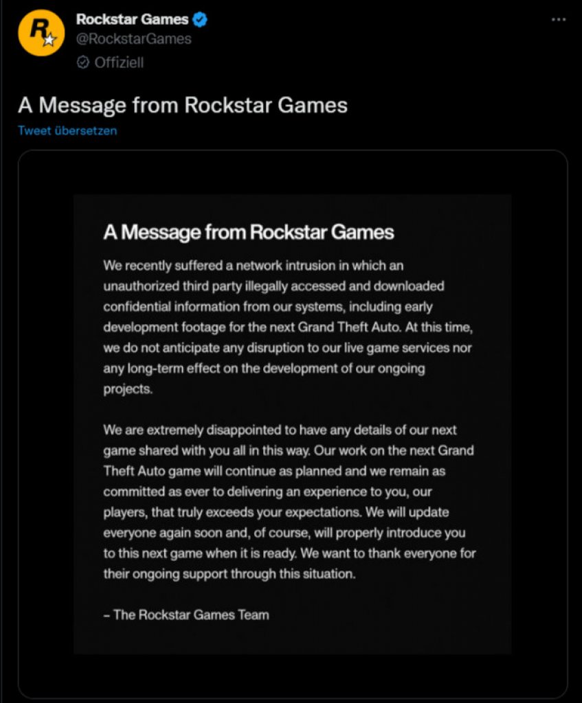 [09/12/2022] Wie reagiert man am besten auf einen umfangreichen Leak? Rockstar Games bestätigte den Cyberangriff sehr früh und wies sowohl YouTube als auch GTA-Fan-Seiten an, das Material offline zu nehmen. Außerdem schaltet man die verantwortlichen Behörden ein.&nbsp;