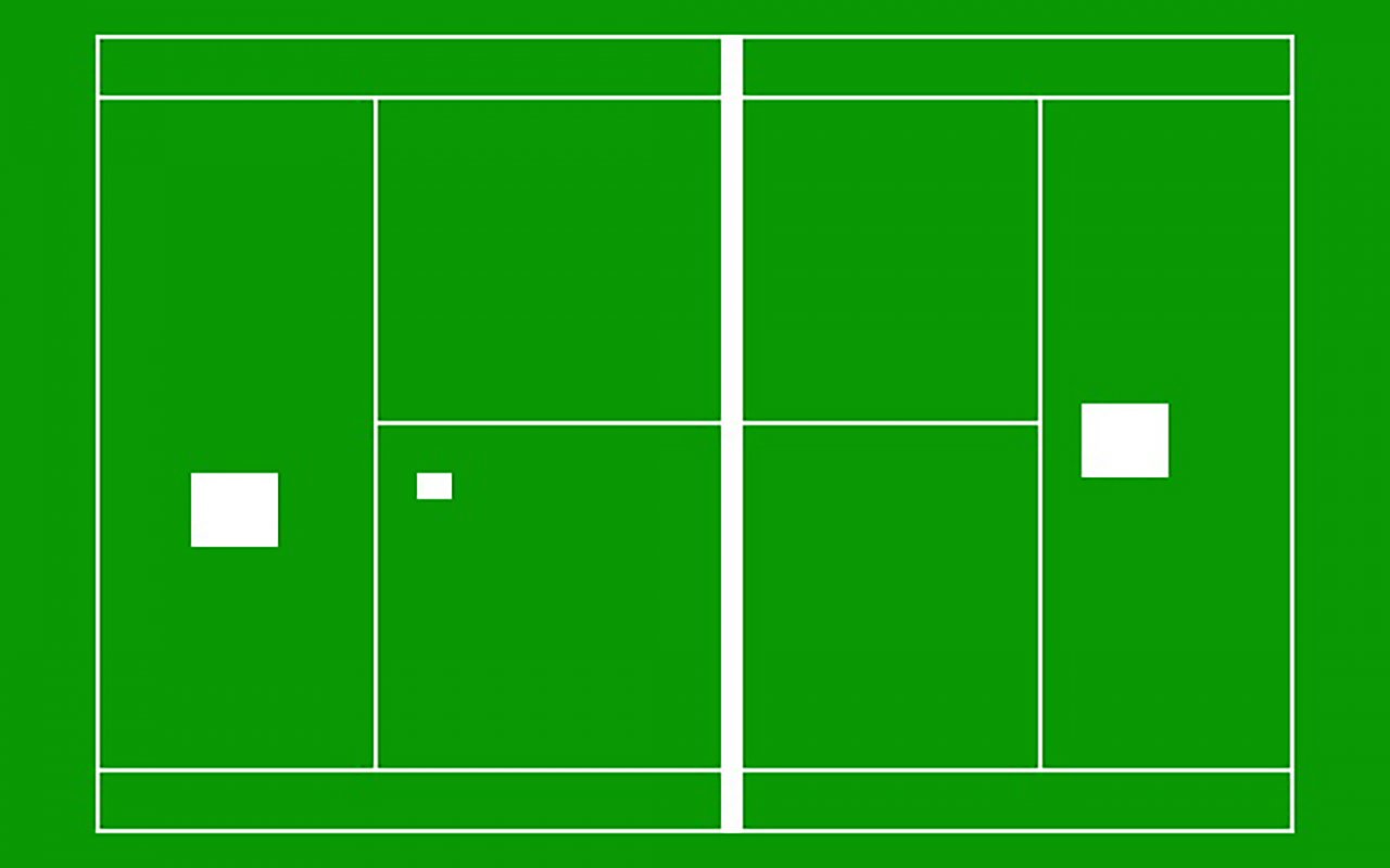 [03/03/2023] Dieses Bild stammt ebenfalls von einem Simulationsprogramm, das die uralte Magnavox Odyssey bestmöglich zu imitieren versucht. Dazu gehört auch die Folie des Tennis-Spiels, die entsprechend einem Tennisplatz ähnelt.&nbsp;