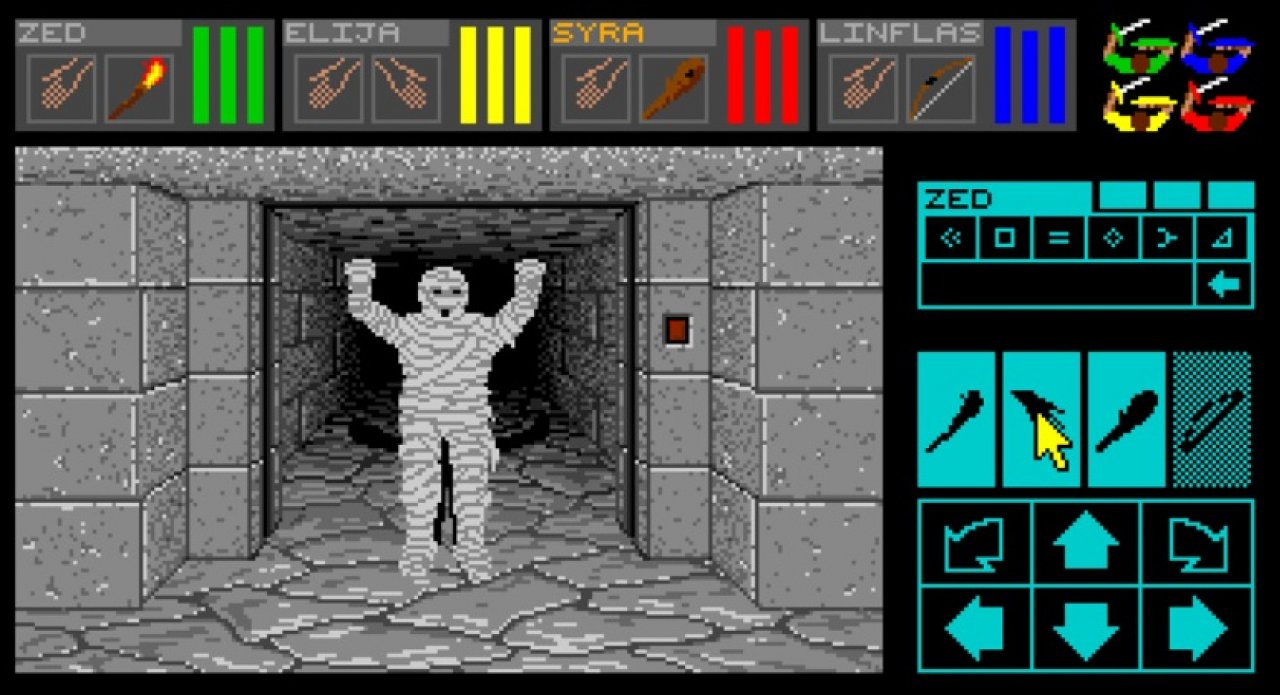Wir bekämpfen eine Mumie in Dungeon Master.