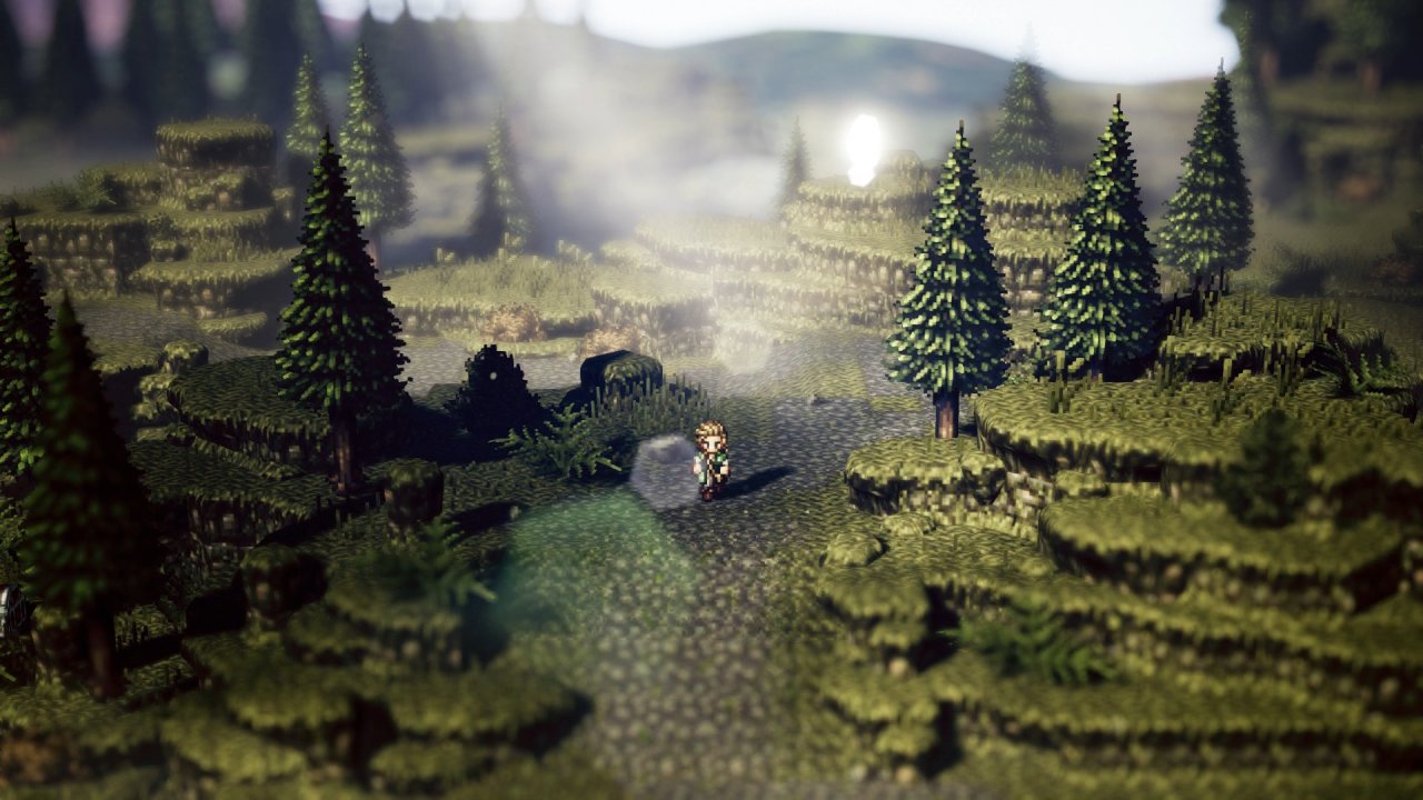 Octopath Traveler: Eine der Spielfiguren läuft allein durch einen nebeligen Wald.