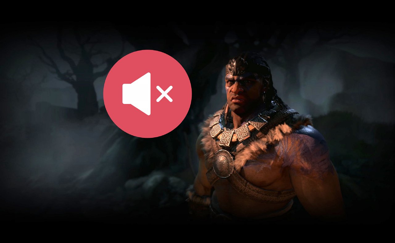 Der Barbar aus Diablo 4 sieht in die Kamera. Daneben schwebt ein Symbol für Stummschaltung