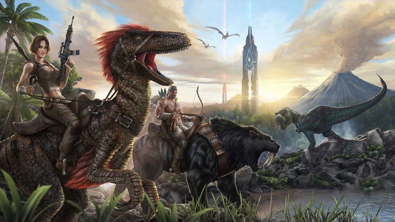 Ein Frau mit Sturmgewehr reitet auf dem Rücken eines Dinosauriers.