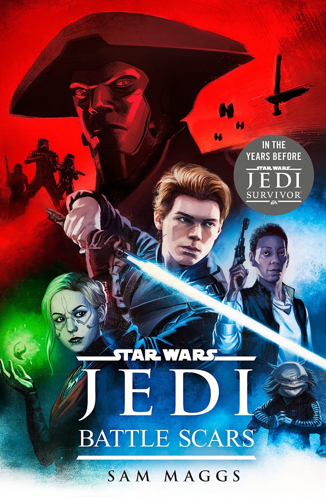 Das Cover des Romans Star Wars Jedi: Battle Scars mit Cal, Cere, Merrin und Greez sowie dem Fünften Bruder.