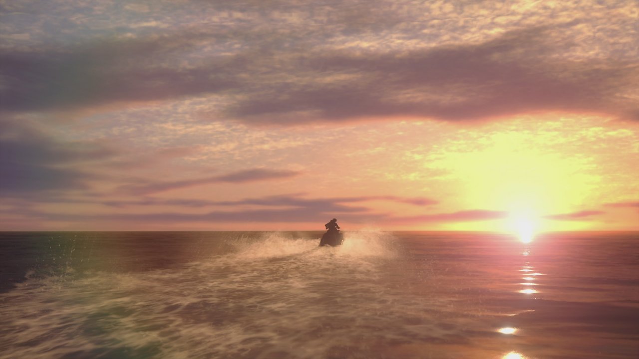 Leon und Ashley fahren auf dem Jetski in den Sonnenuntergang