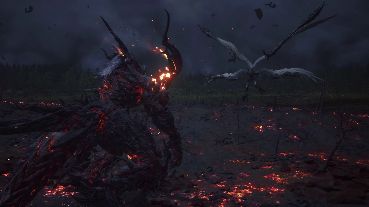 Die Esper Ifrit und Garuda stehen sich in einer verbrannten Landschaft gegenüber.