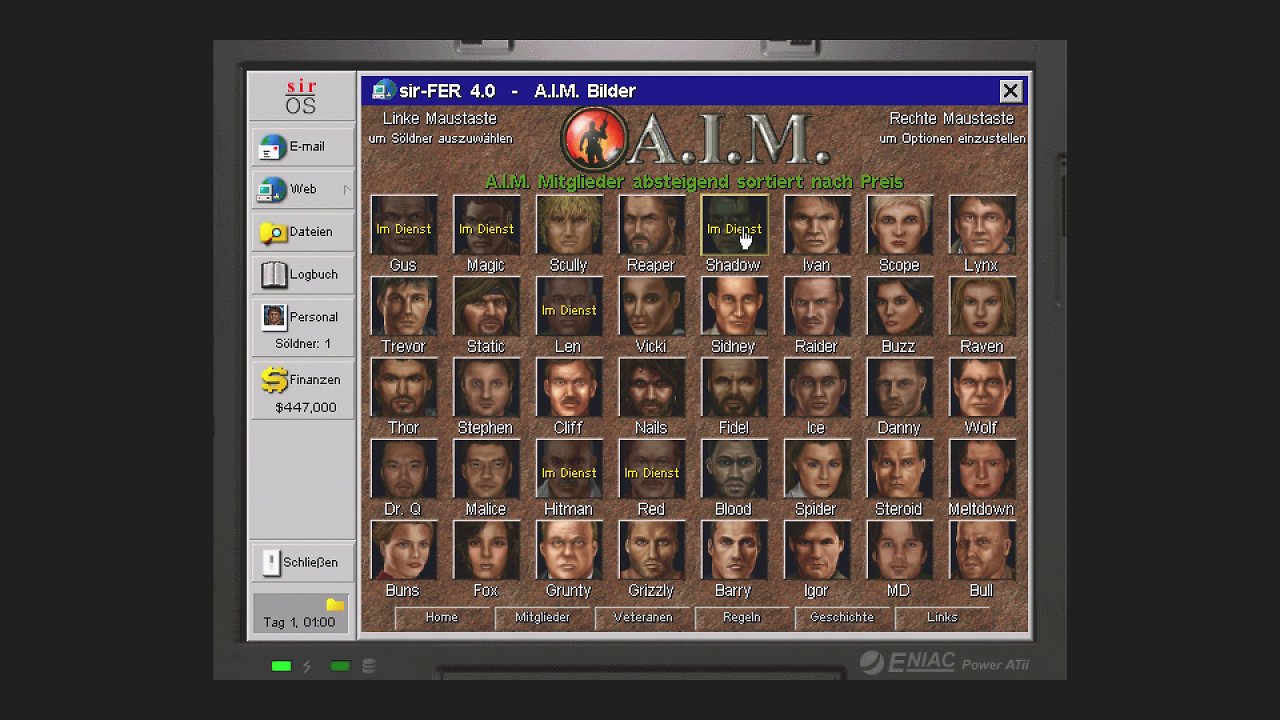 Ingame-Webseite der Söldnervermittlung AIM mit den Portraits der verschiedenen Charaktere.