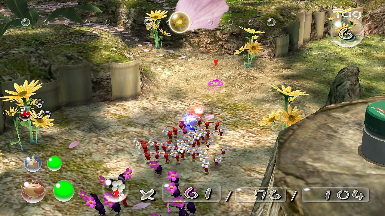 Olimar, Loui und rote/violette Pikmin erkunden die Spielwelt.