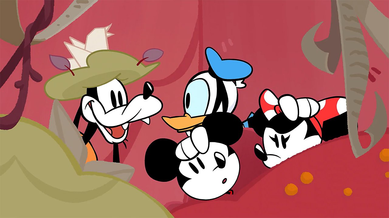 Micky, Donald, Minnie und Goofy verstecken sich im Geäst.