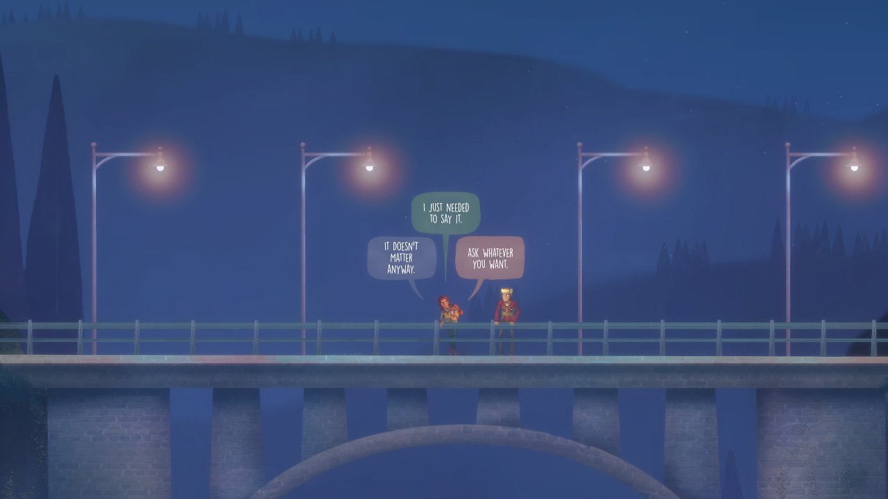 Riley und Jacob unterhalten sich auf einer Brücke.