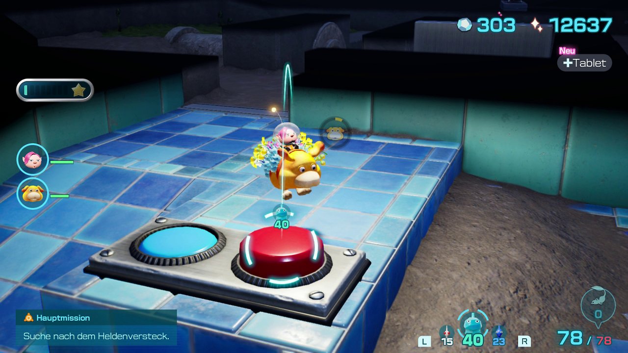 Rettungshund Otschin springt in Pikmin 4 in einer Höhle auf einen Schalter, um eine Tür zu öffnen.