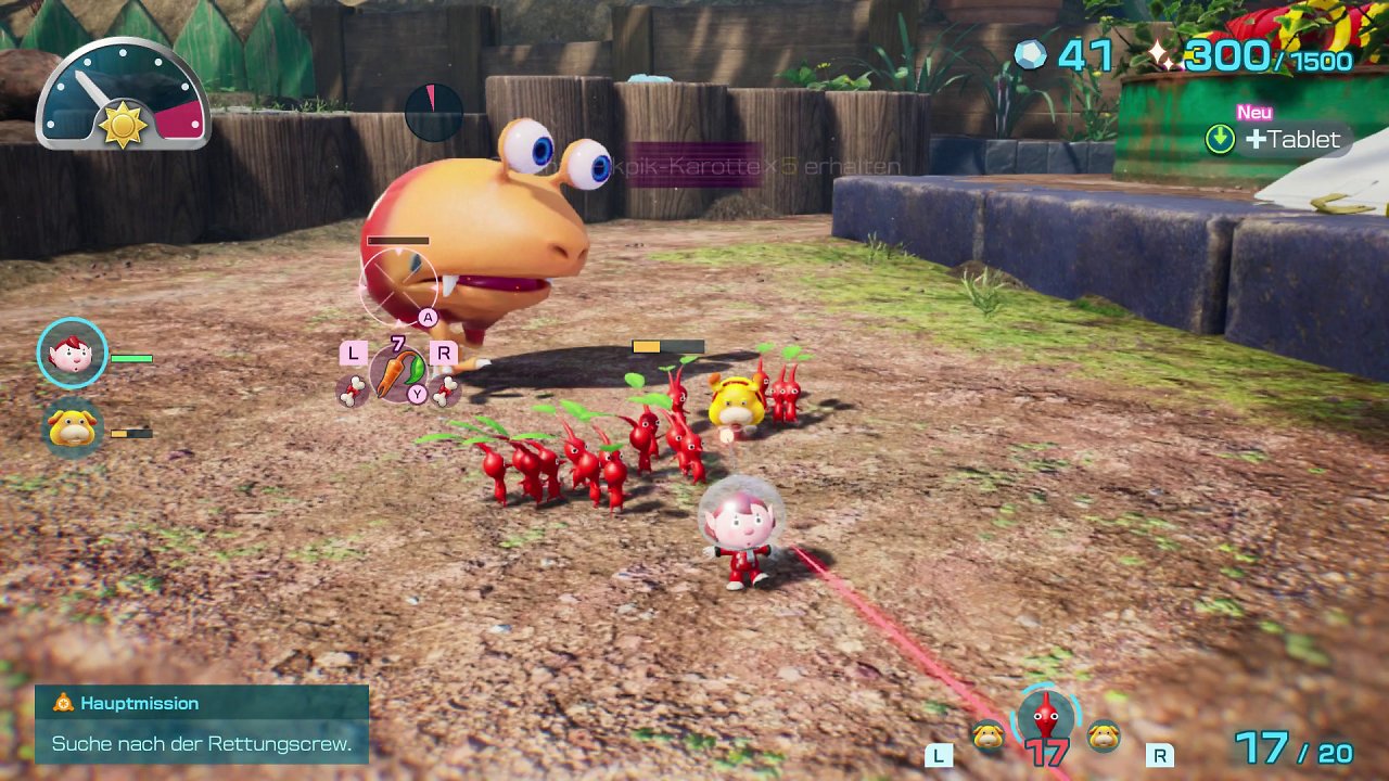 Pikmin 4 Charakter läuft vor einem Käfer weg