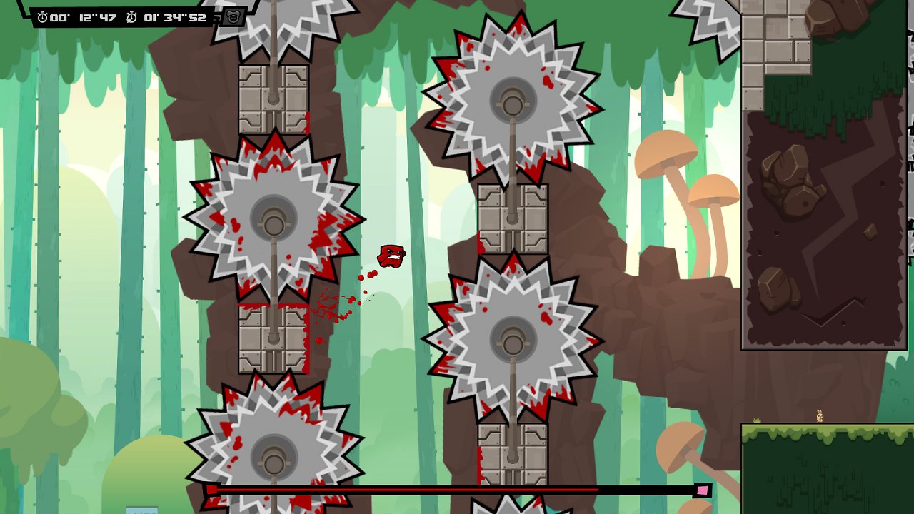 Meat Boy springt in Super Meat Boy Forever zwischen Kreissägen