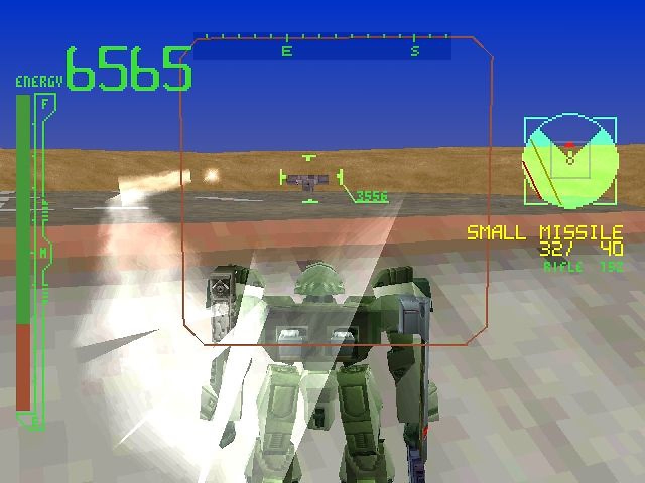 Ein Armored Core aus dem ersten Teil feuert eine Rakte auf ein Geschütz ab.