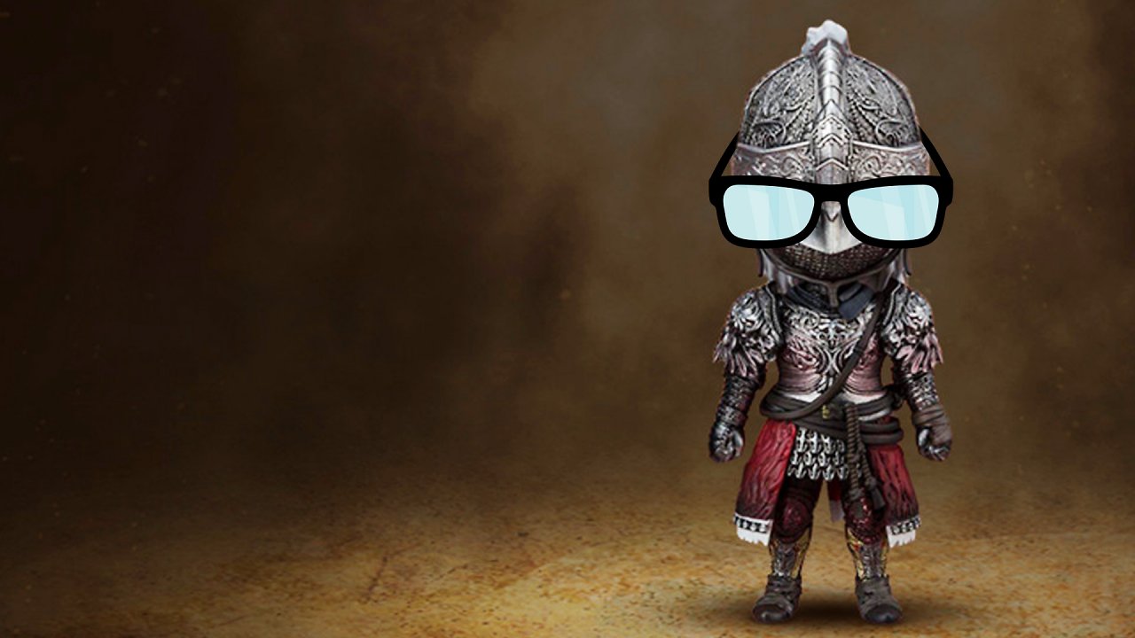 Der Blutige Wolf aus Elden Ring steht vor einem dunklen Hintergrund. Über seinem Helm trägt er eine Brille, die an einen Hipster erinnert.