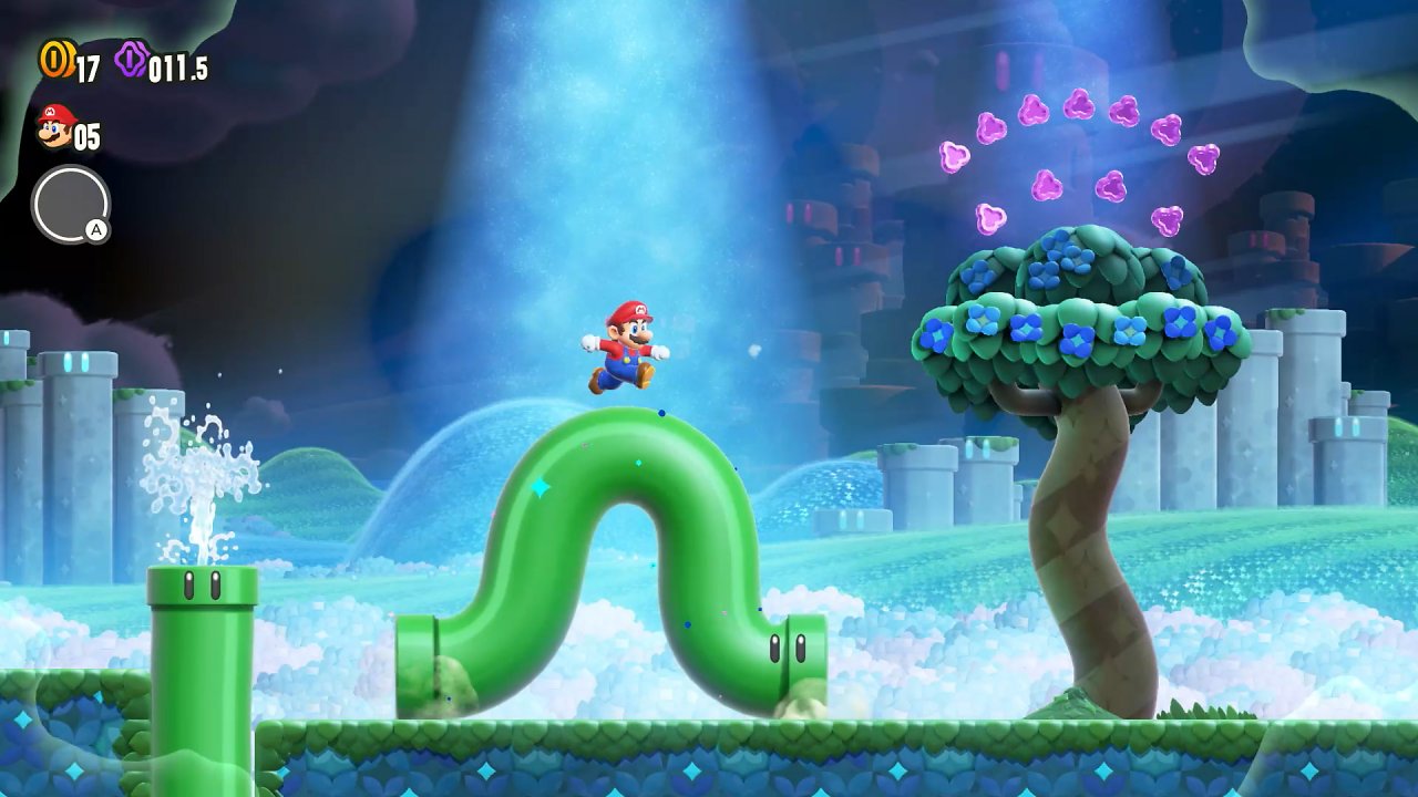 Mario auf einer gebogenen, lebenden Röhre
