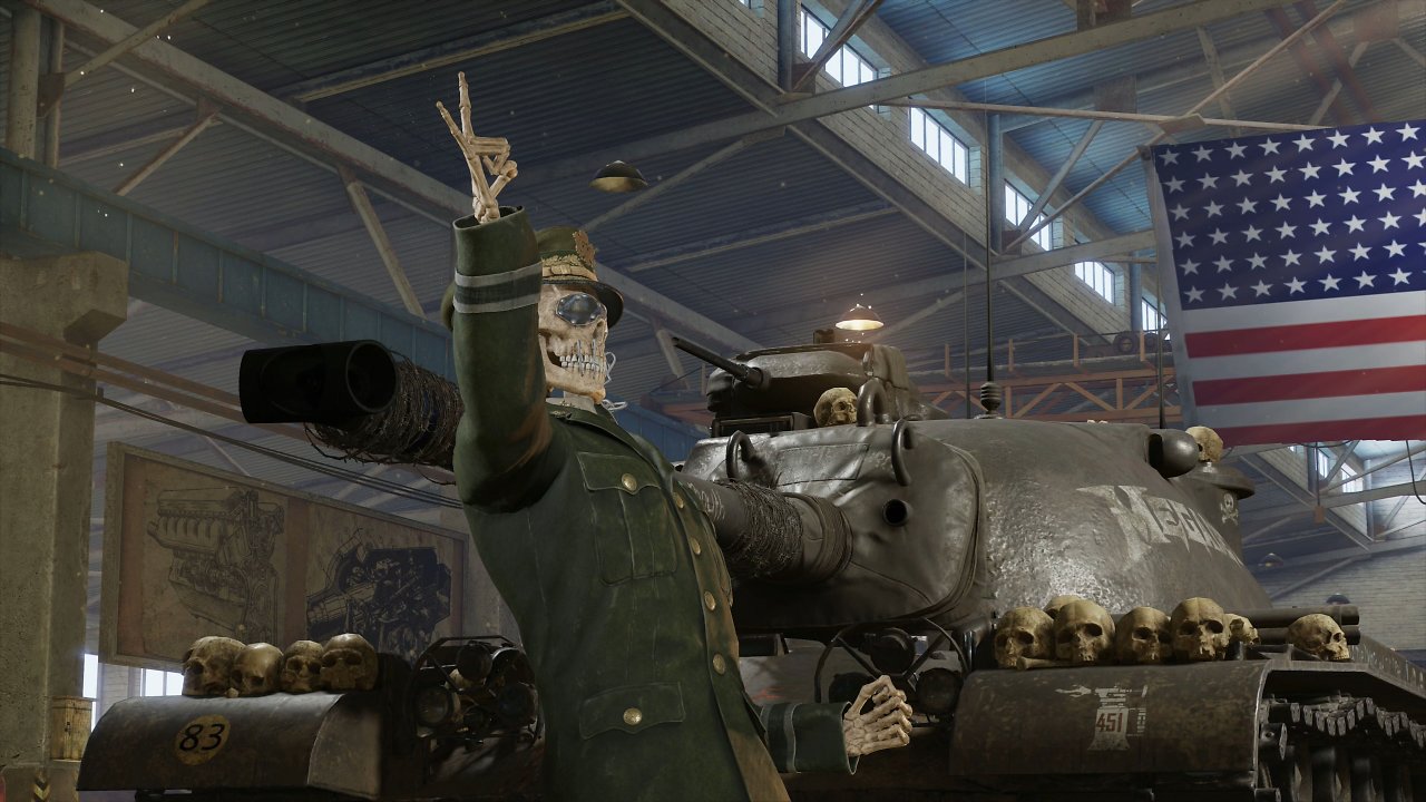 Megadeth-Maskottchen Vic vor einem WoT-Panzer