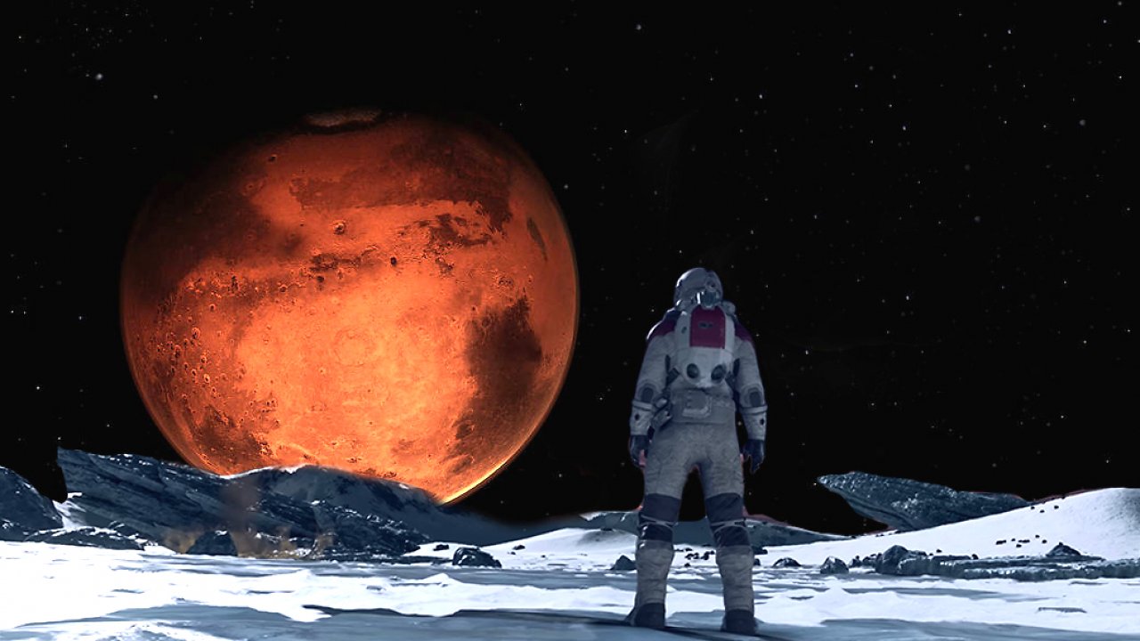 Mann auf Mond vor Mars