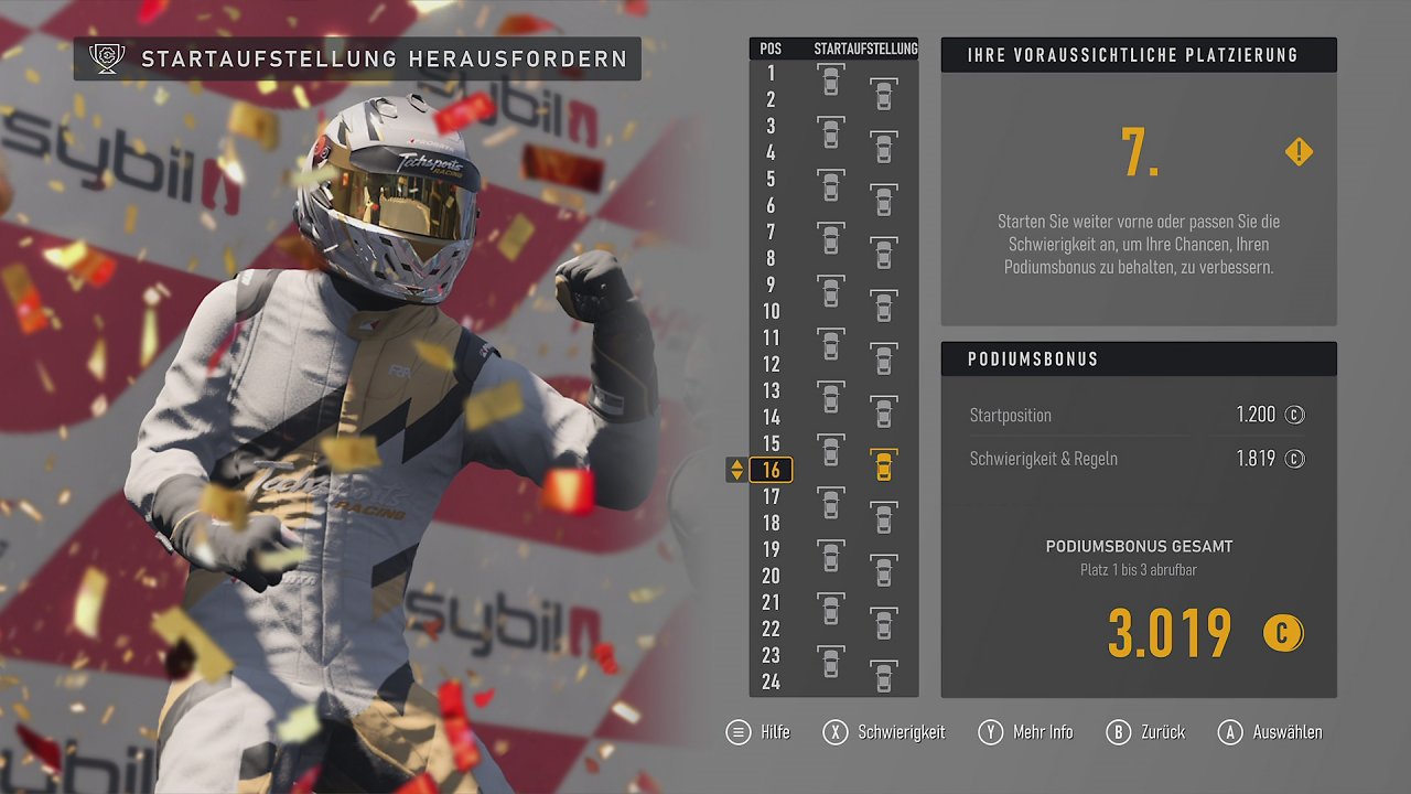Hier kann man einen guten Blick auf das hübsch gestaltete Risk&Reward-System in Forza Motorsport werfen. Wer mehr riskiert, der gewinnt auch größere Summen, sollte das Ziel erreicht werden.