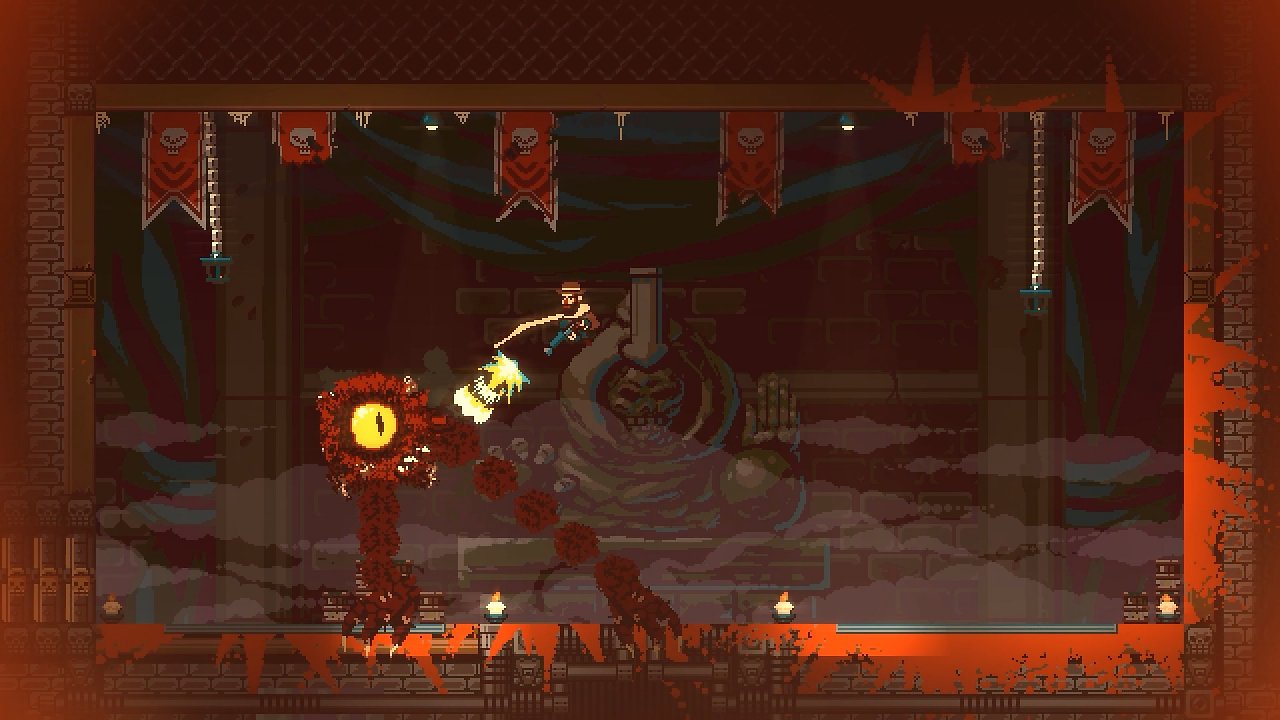Der Protagonist schießt mit seinem Gunbrella auf einen Boss.