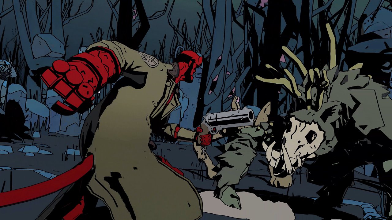 Hellboy zieht seine Pistole.