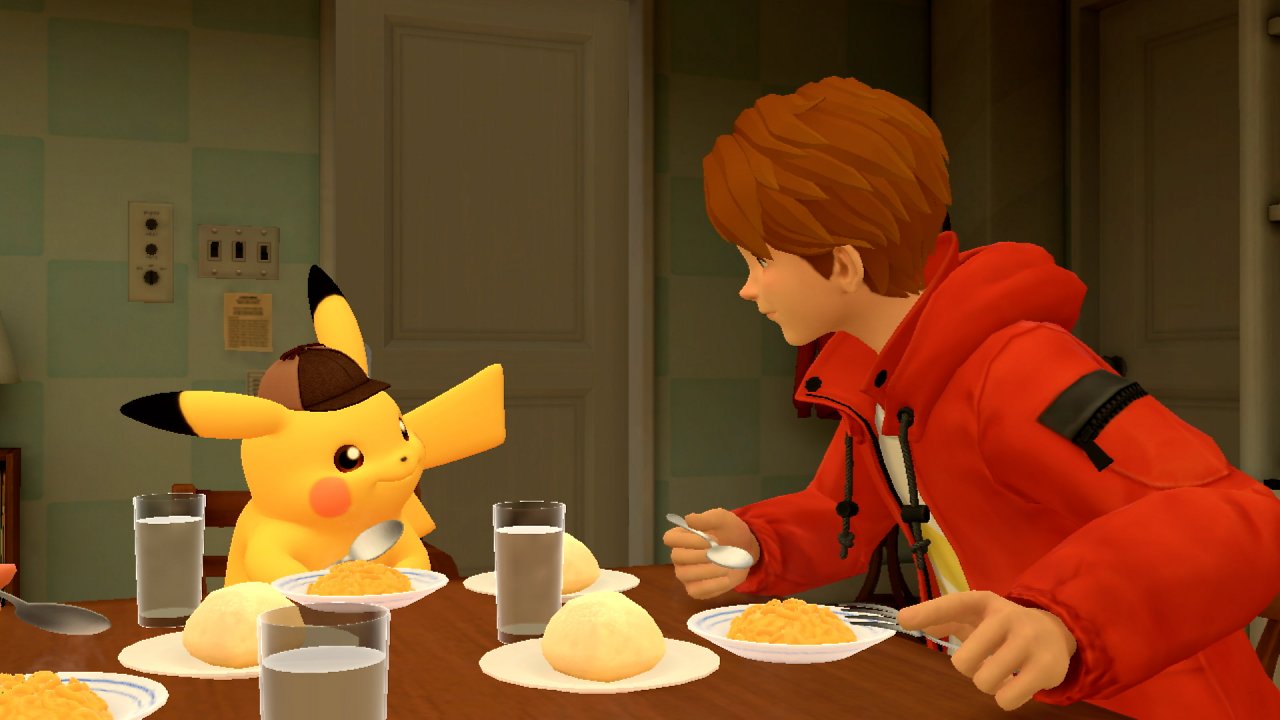 Pikachu und Tim gemeinsam beim Abendessen