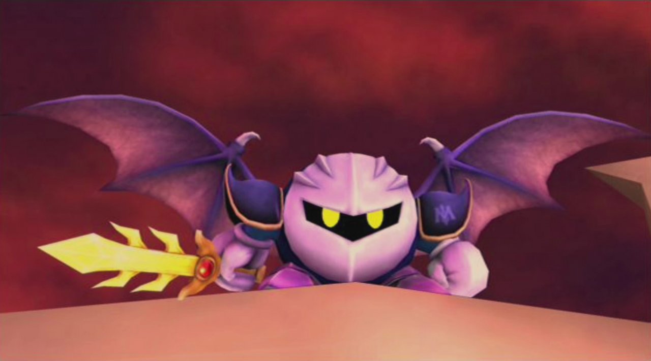 Meta Knight präsentiert sich mit gespannten Flügeln und gezücktem Schwert.