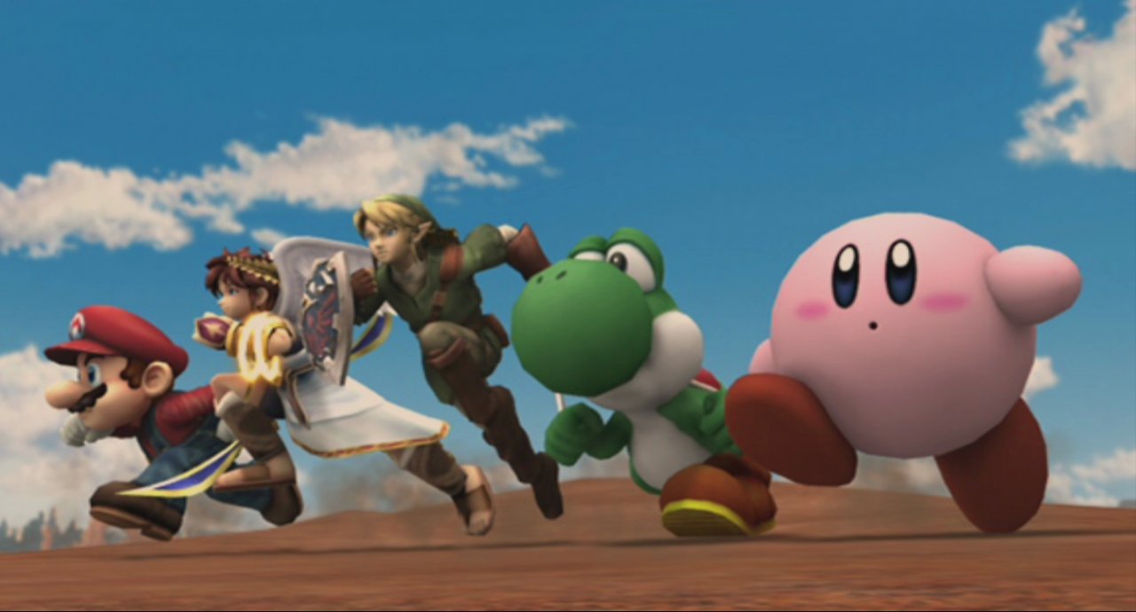 Die Charaktere Mario, Pit, Link, Yoshi und Kirby am Ende einer Zwischensequenz