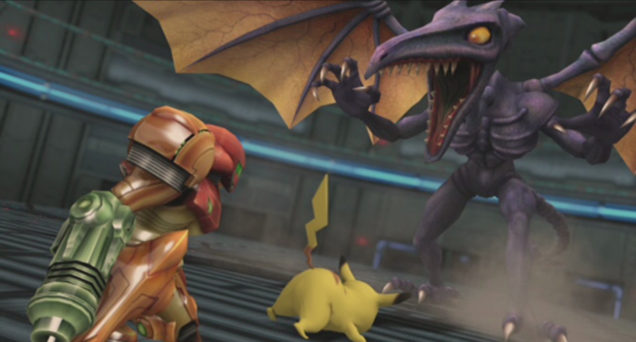 Samus und Pikachu stehen dem Bossgegner Ridley gegenüber