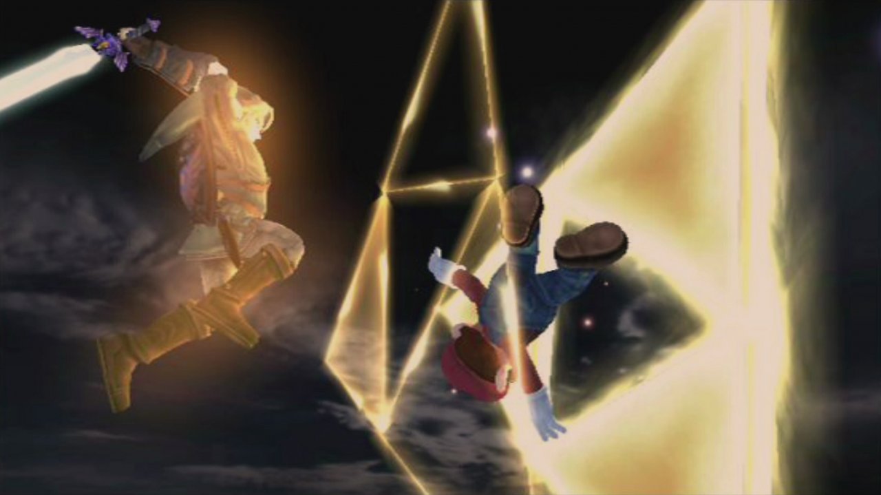 Link hält Mario in einem Ultra-Smash gefangen