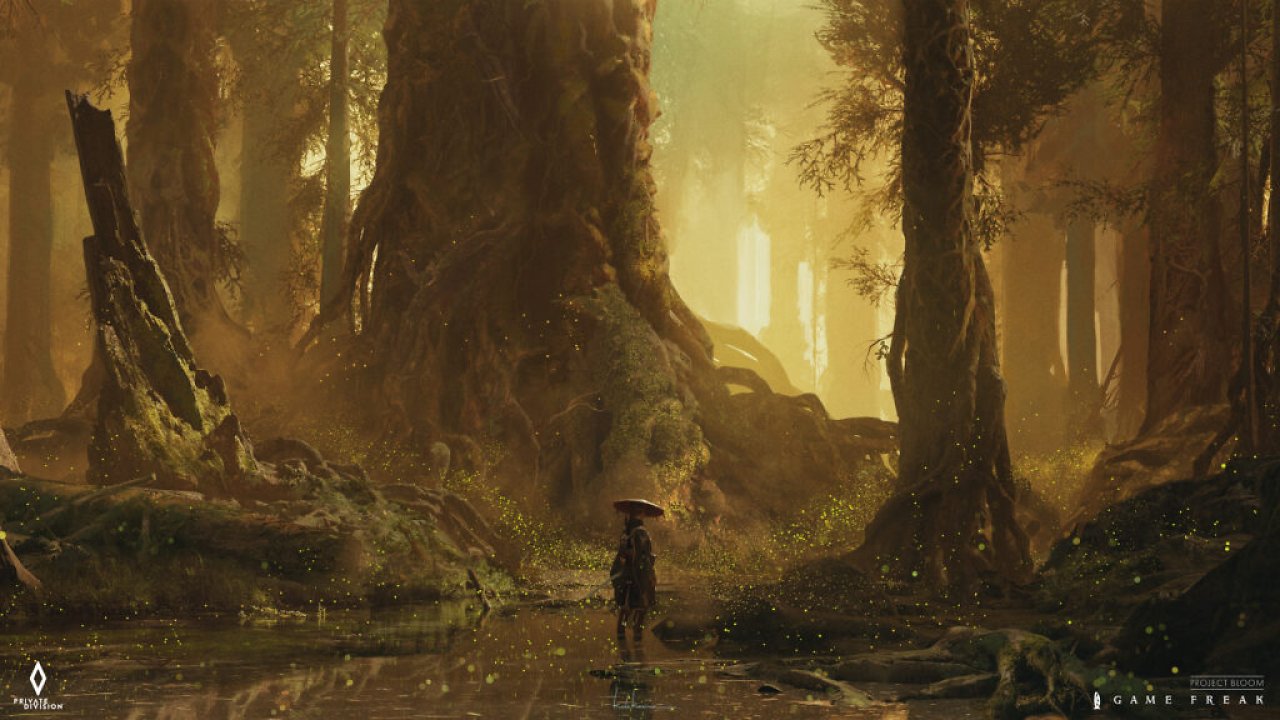 Auf dem Concept Art von Project Bloom steht ein Samurai auf einem Waldstück mit warmen Licht und Glühwürmchen