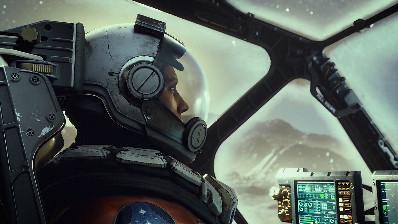 Ein Charakter mit Helm sitzt in einem Cockpit.