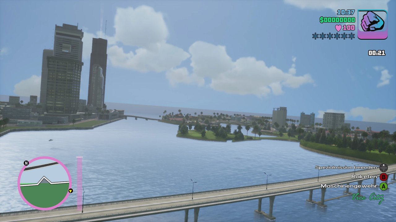 Blick über Wasser auf Vice City.