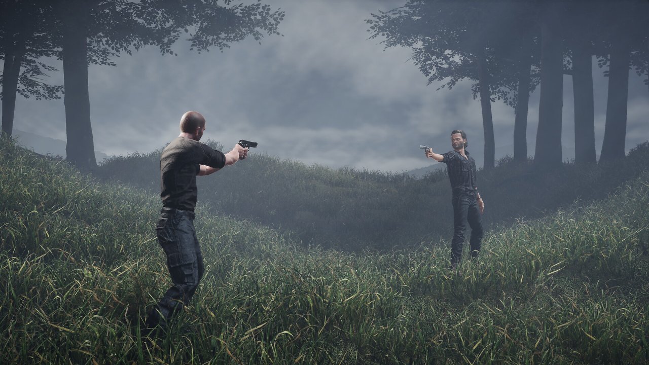 Rick und Shane zielen mit Pistolen aufeinander.