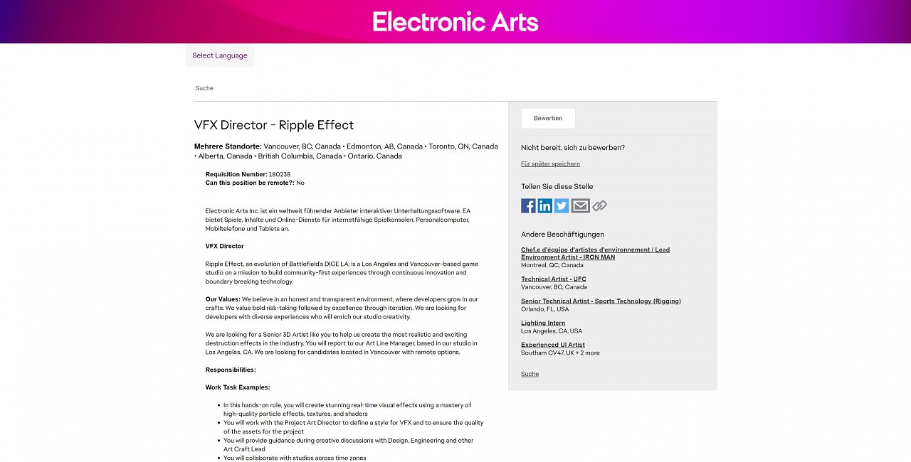 Stellenanzeige von Electronic Arts