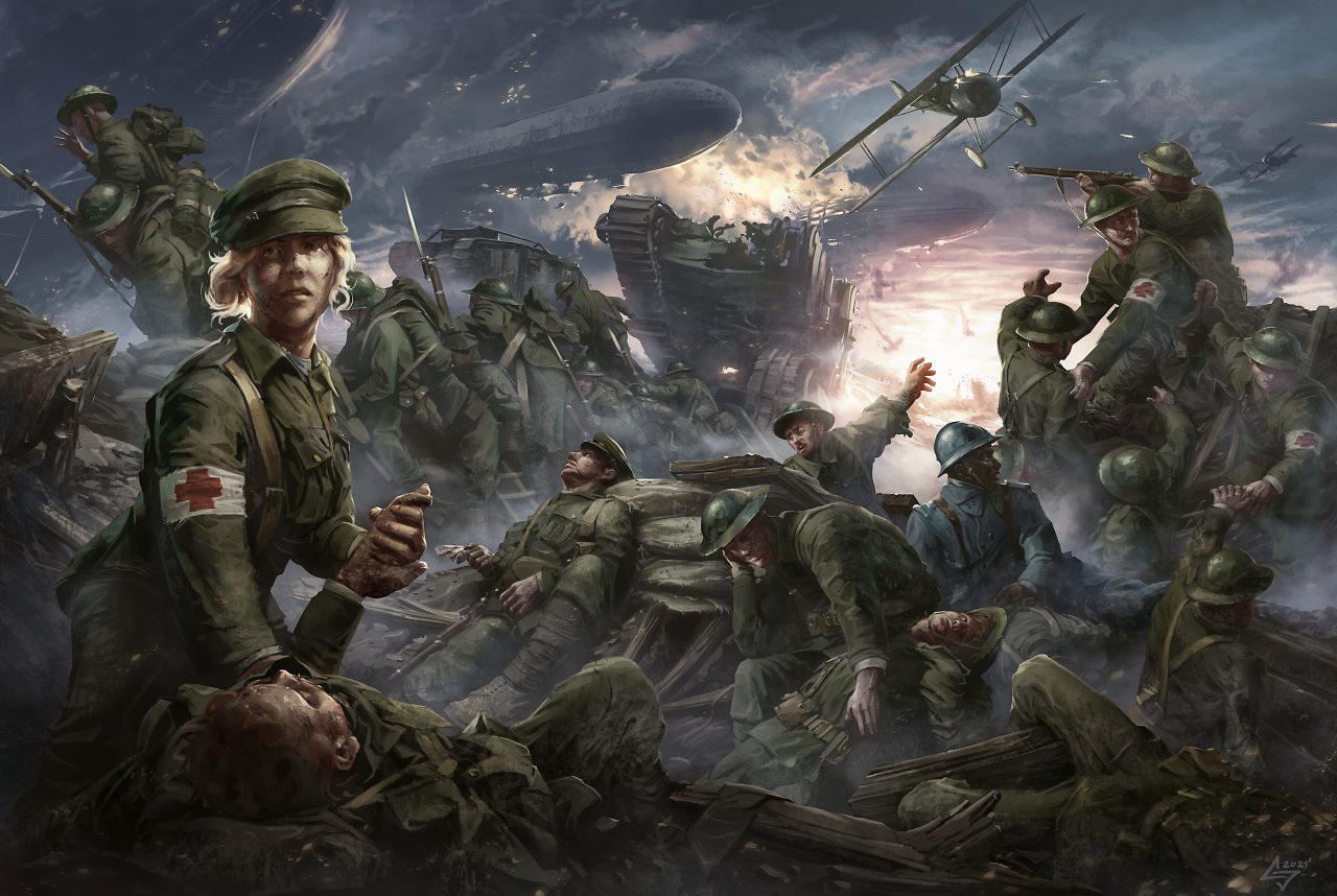 Eine Sanitäterin verarztet einen am Boden liegenden Soldaten. Im Hintergrund tobt der Erste Weltkrieg.