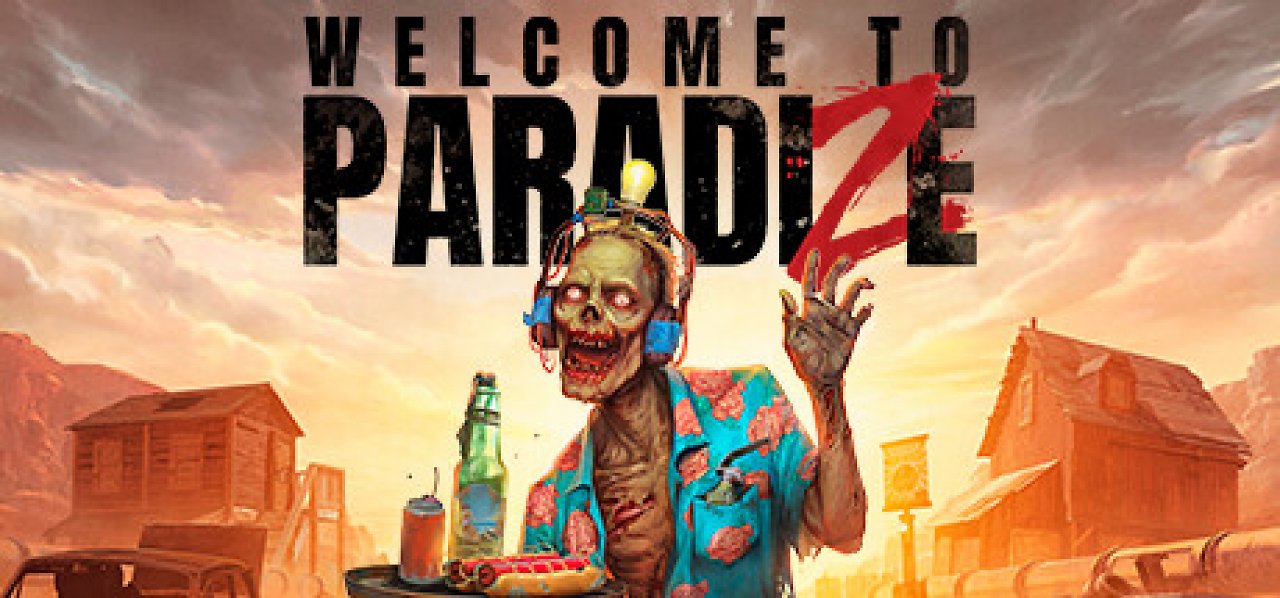 Das Logo von Welcome to Paradize und im Vordergrund steht ein Zombie, der Getränke serviert