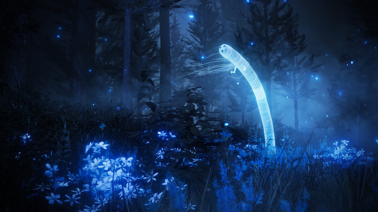 Ein Geisterwurm vor blau-schwarzem Waldhintergrund.
