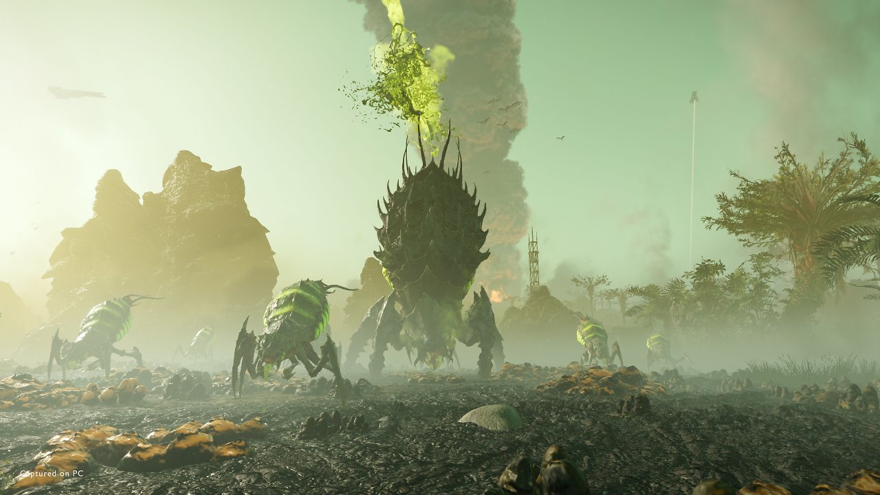 Eine Horde Bugs hat einen Helldiver erspäht.
