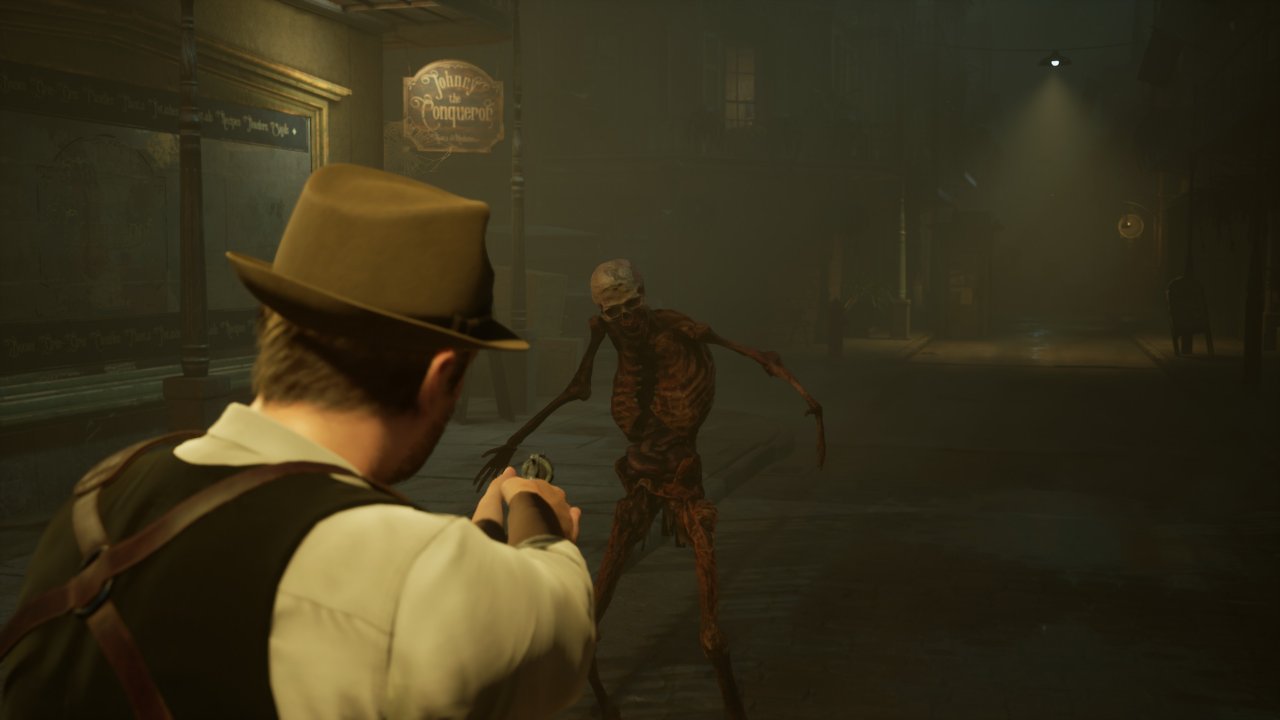 Carnby zielt mit einem Revolver auf ein Skelett
