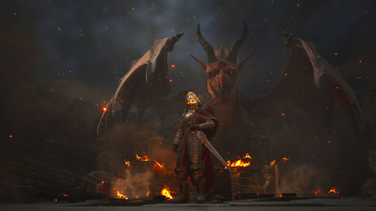Die Erweckte steht vor dem roten Drachen.