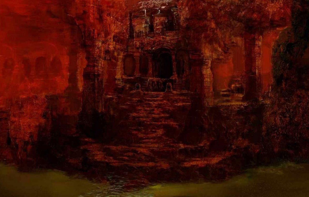 Ein gemaltes Bild von in rot getauchten Ruinen.