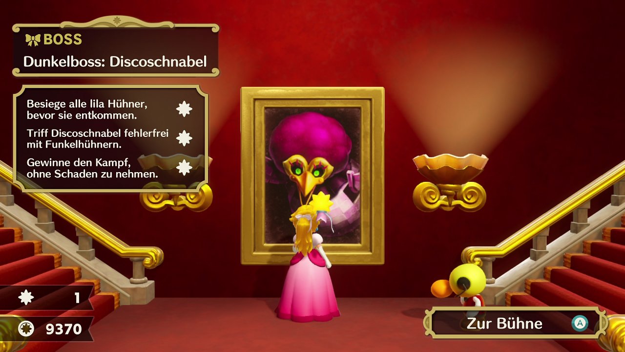 Peach steht vor dem Portrait des Discoschnabels