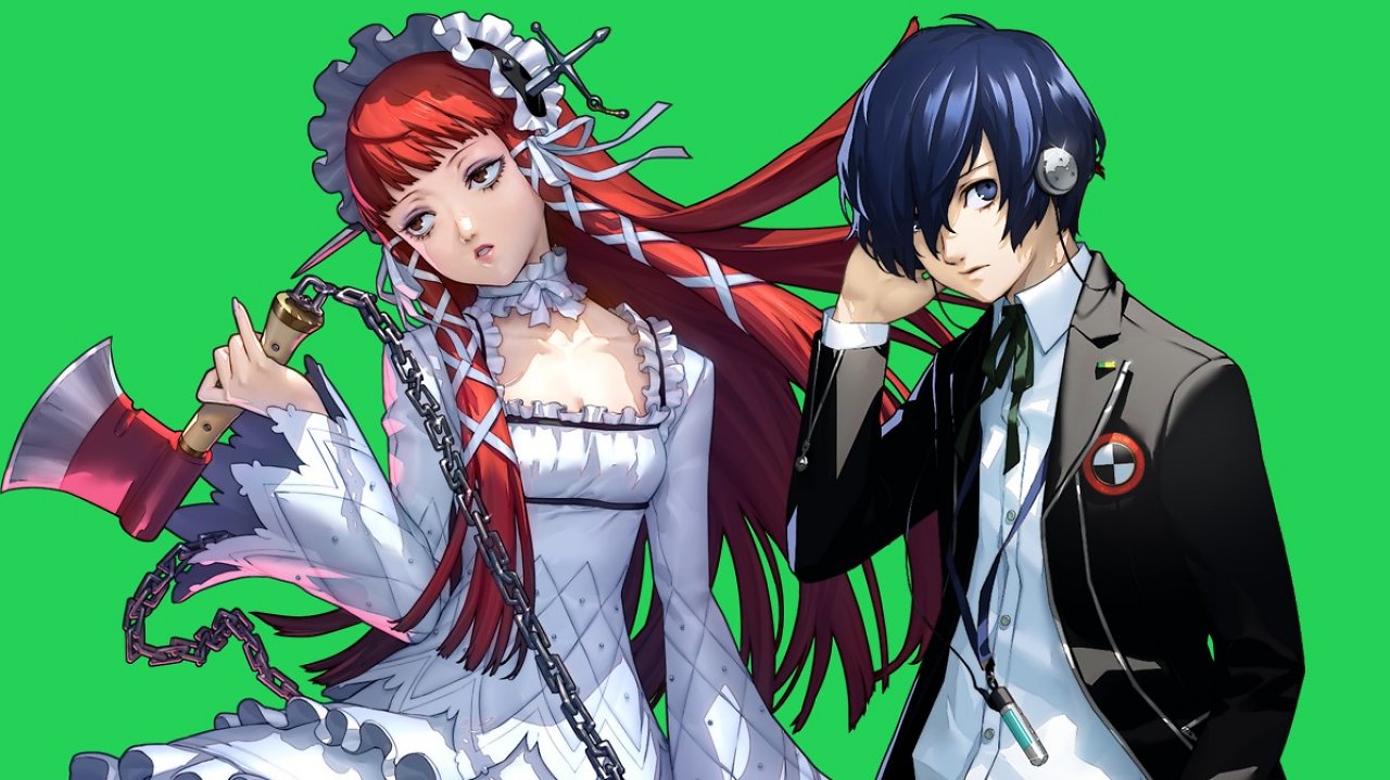 Chidori und der Protagonist aus Persona 3 Reload vor einem grünen Hintergrund