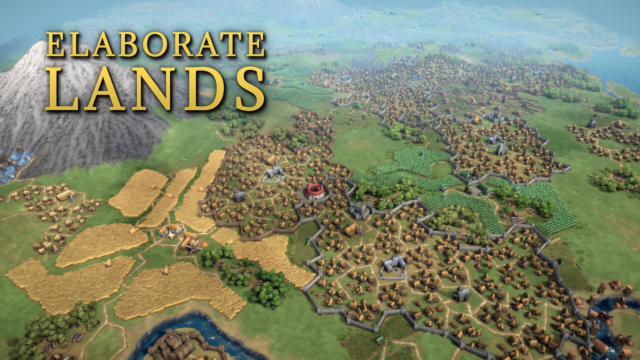 Ein Spielausschnitt aus Elaborate Lands. Man sieht einen Überblick über eine Region mit mehreren Städten.