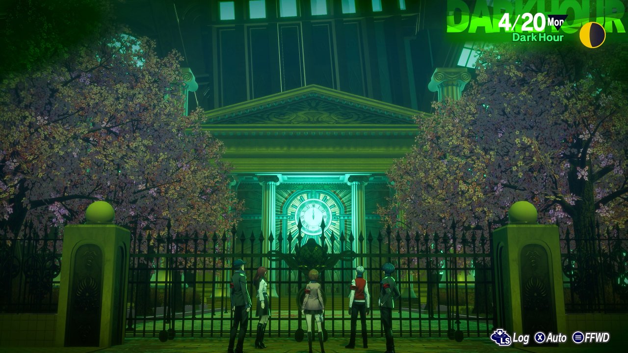 Die Charaktere aus Persona 3 Reload stehen während der Dark Hour vor dem Eingang des Tartarus